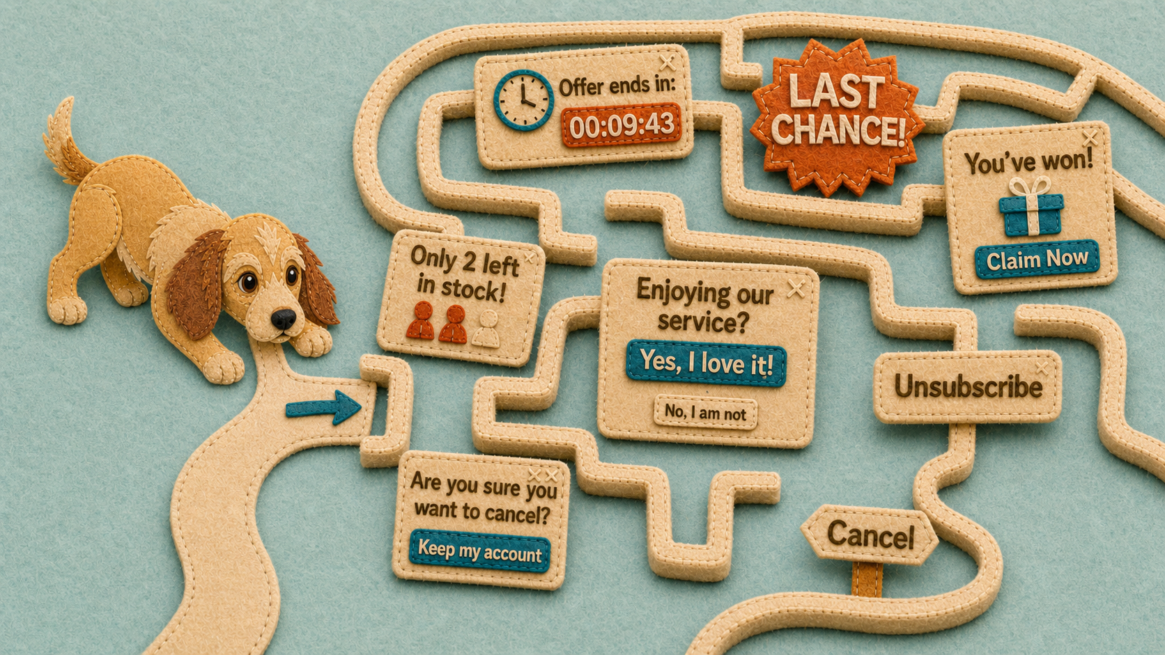 Rosie, a golden felt puppy, follows a stitched maze past panels showing scarcity, urgency, unequal choices and a difficult cancellation path.