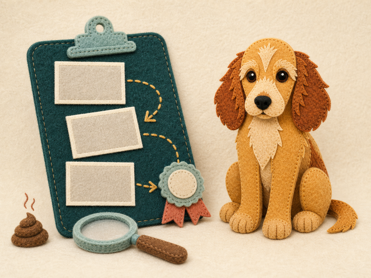 Rosie sits beside a felt clipboard where blank image cards connect by stitched arrows to a provenance badge and a magnifying glass.