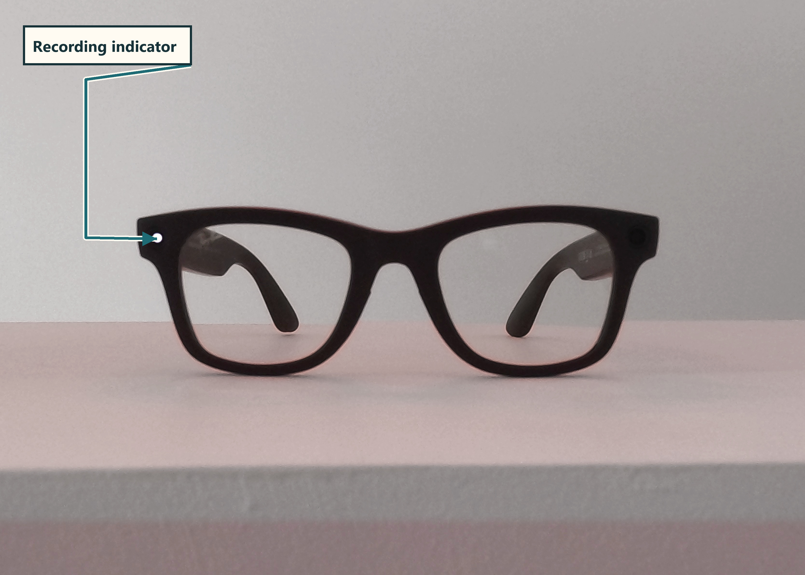 The owner's Meta Ray-Ban glasses photographed from the front with the illuminated recording indicator identified by a teal arrow.