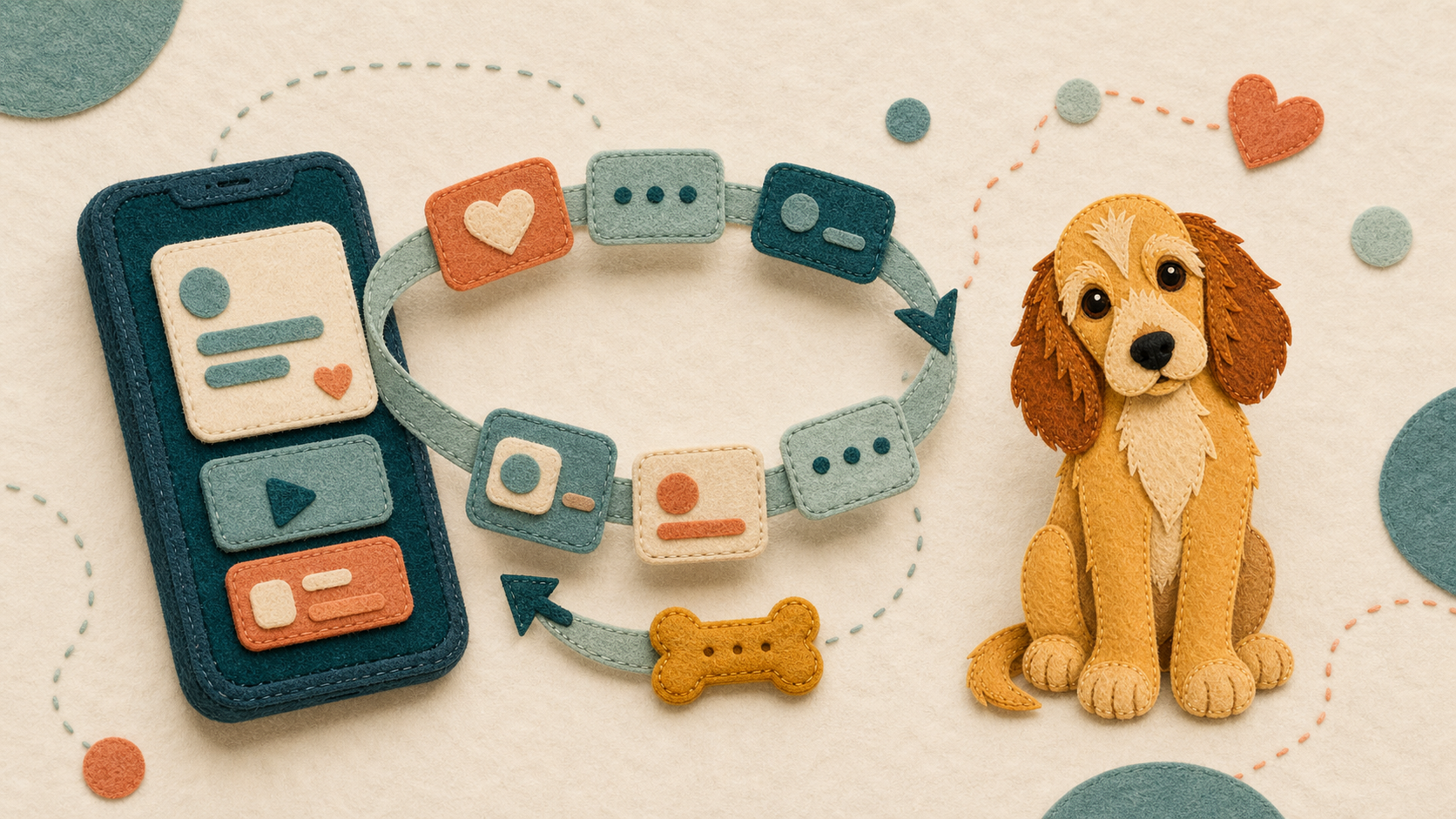 Rosie sits beside a felt smartphone while a looping ribbon of content cards travels between the phone and a small felt treat.