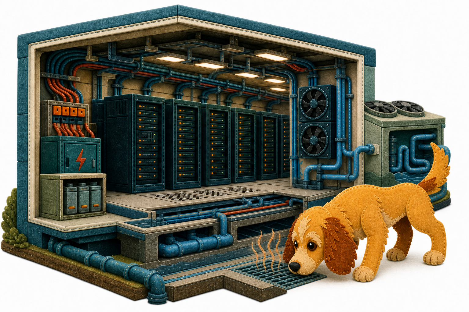 Rosie, a golden-and-chestnut felt puppy, sniffs a floor vent connected to the cooling pipes of a cutaway felt data centre, with server racks, power equipment and fans visible behind her.