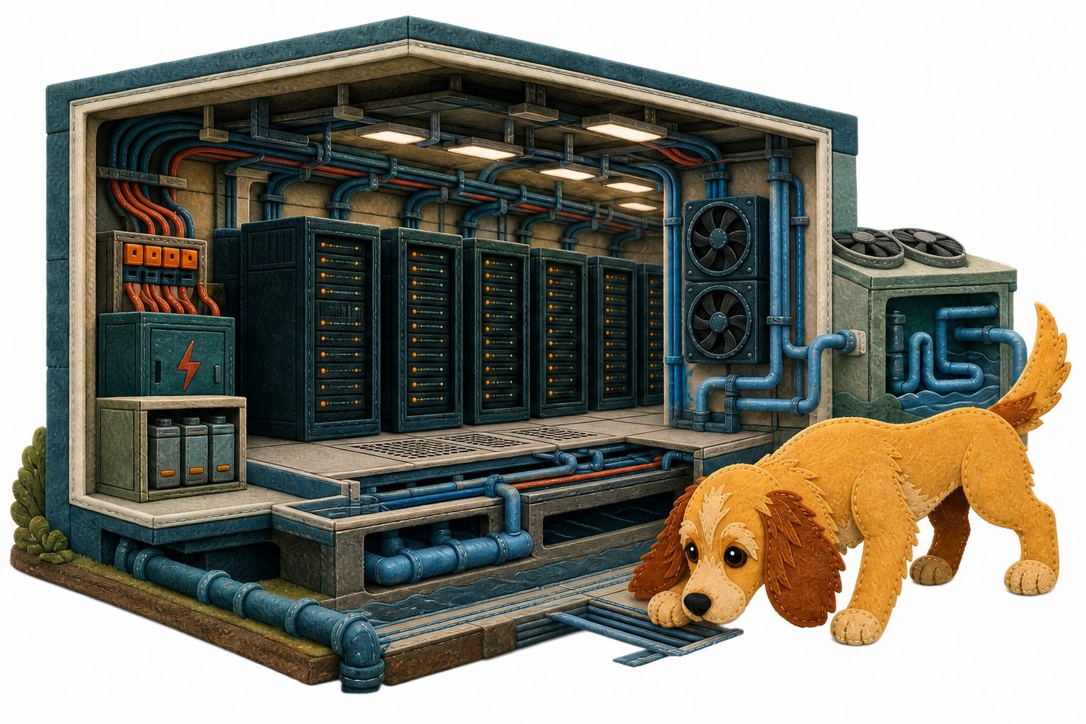 Rosie, a golden felt puppy, sniffs beside a cutaway felt model containing server racks, power equipment, cabling, fans and cooling pipes