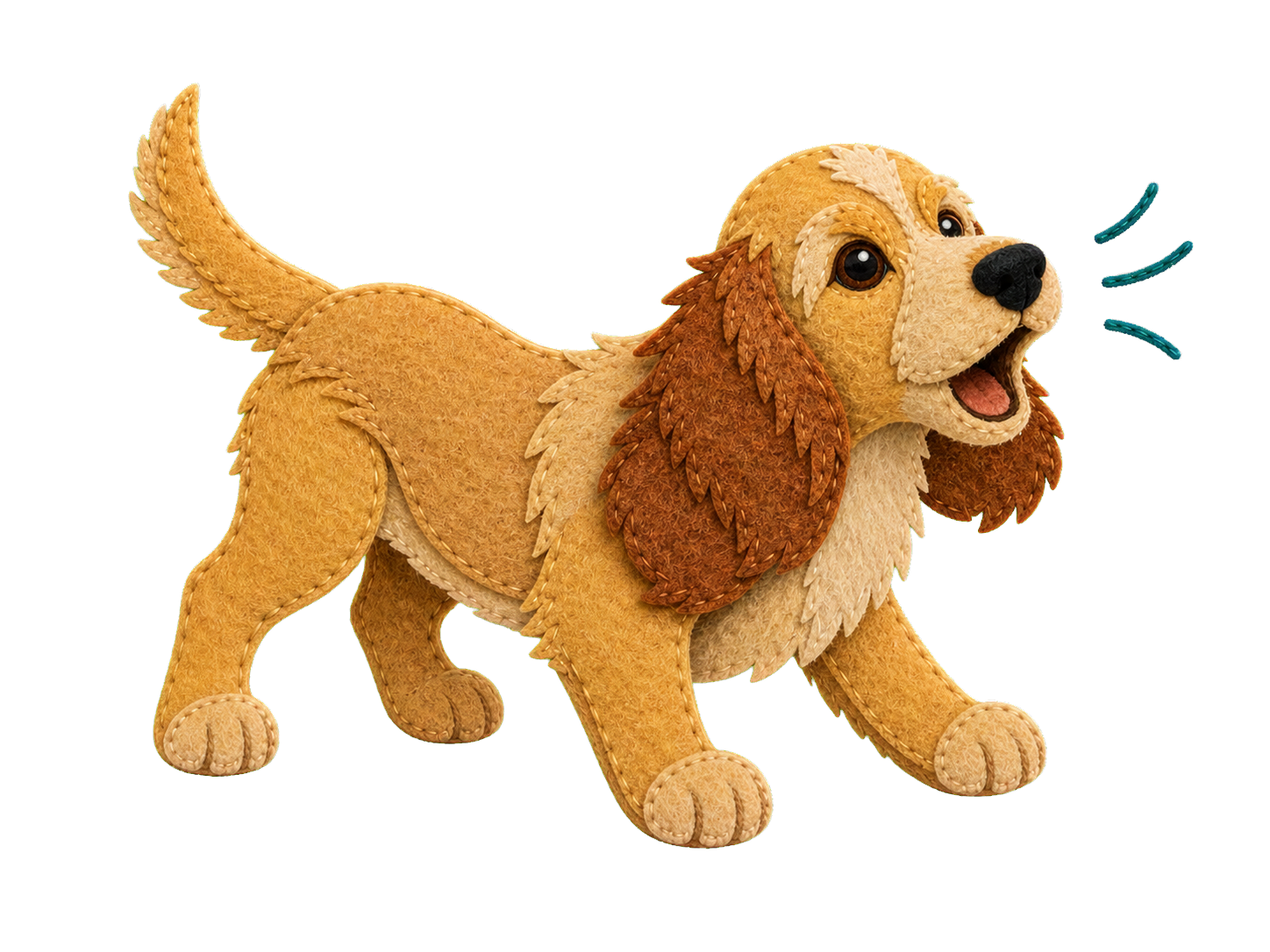 Felt illustration of Rosie barking