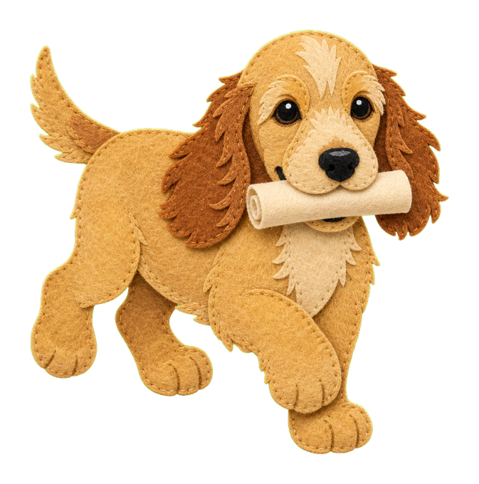 Felt illustration of Rosie carrying a rolled paper